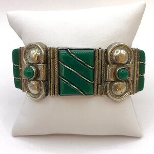 GREEN ONYX Sterling Silver BOLD Vtg Mexico Heavy 8 Panel Modernist Bracelet J727